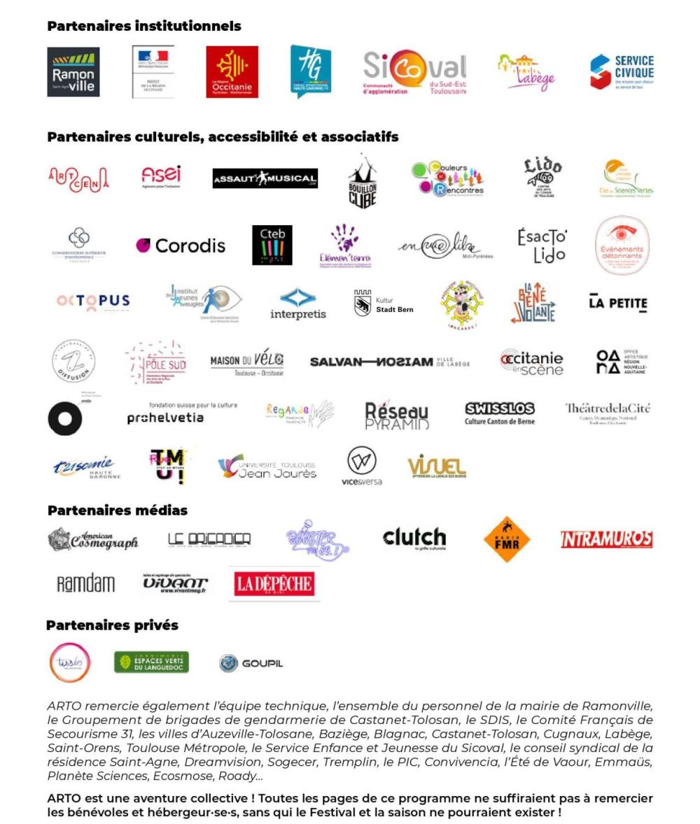 Logos et liste des partenaires du Festival de rue de Ramonville 2023