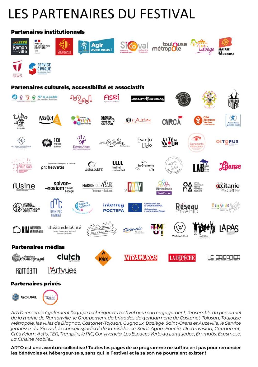Logos et liste des partenaires du Festival de rue de Ramonville 2024